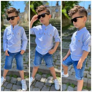 Keten Gömlek Denim Şortlu Takım Mavi
